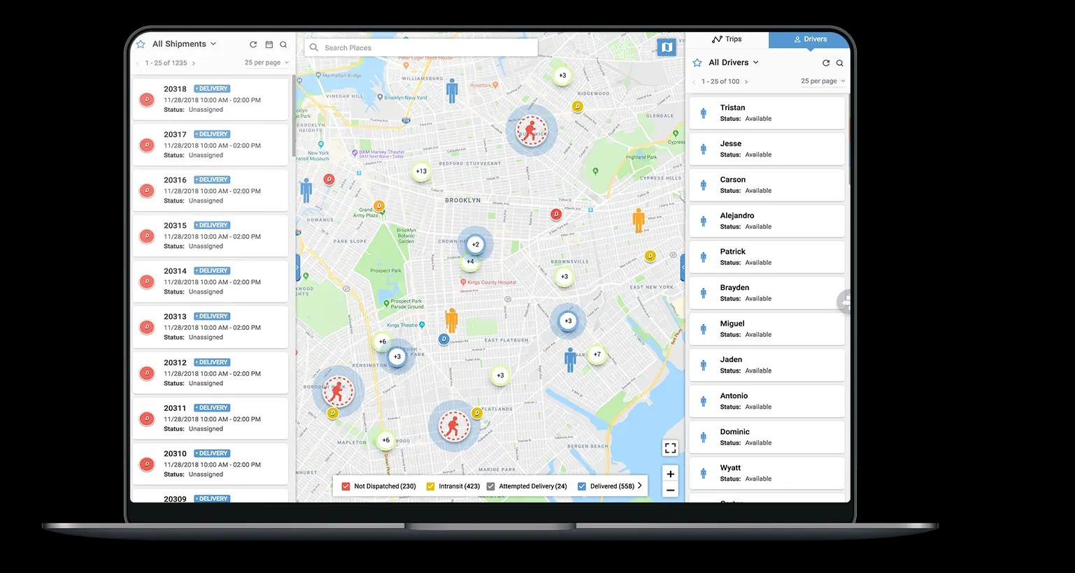 Shipment status visibility in middle mile logistics software