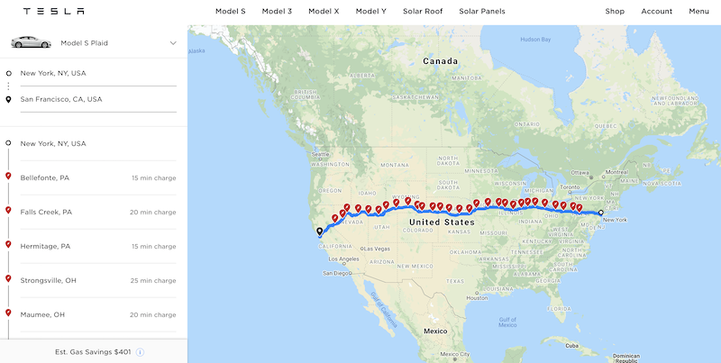 Tesla Trip Planning